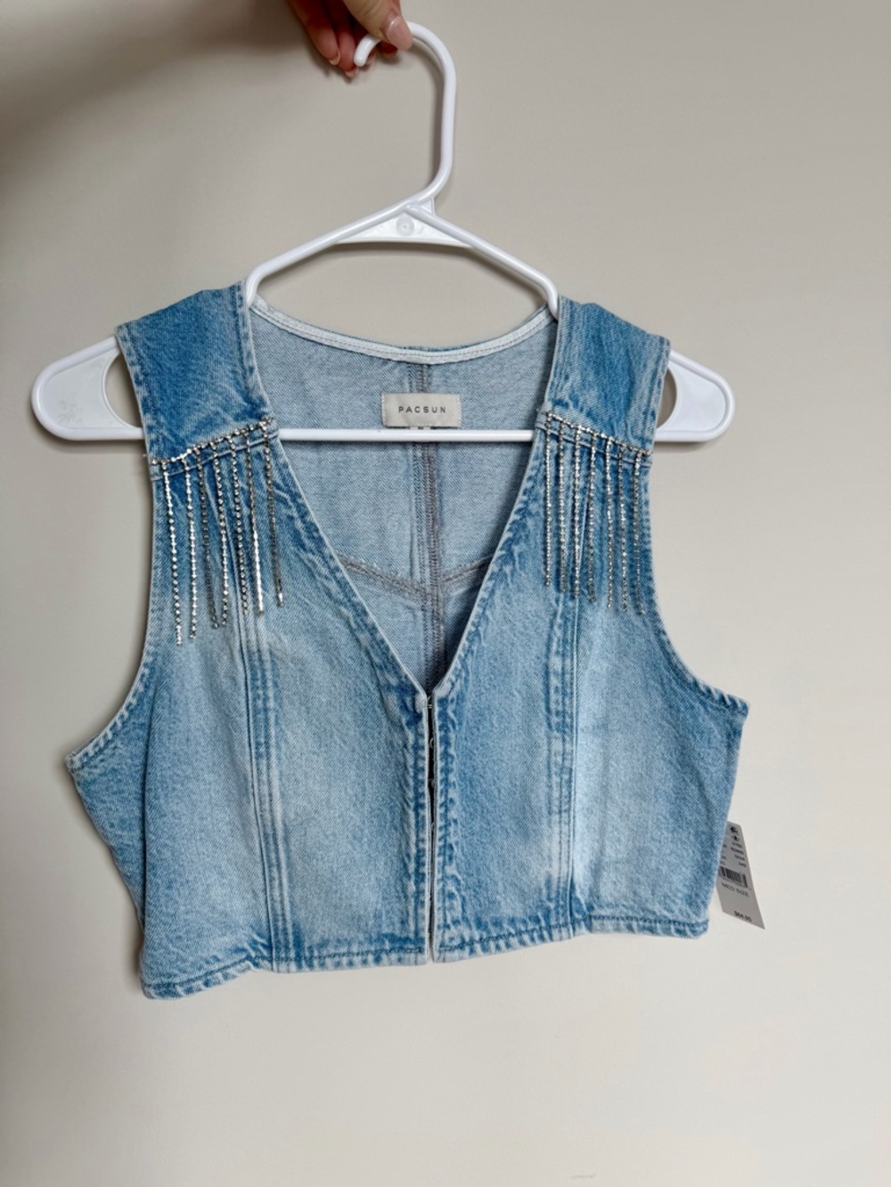 PacSun Denim Cropped Vest with Rhinestone Fringe